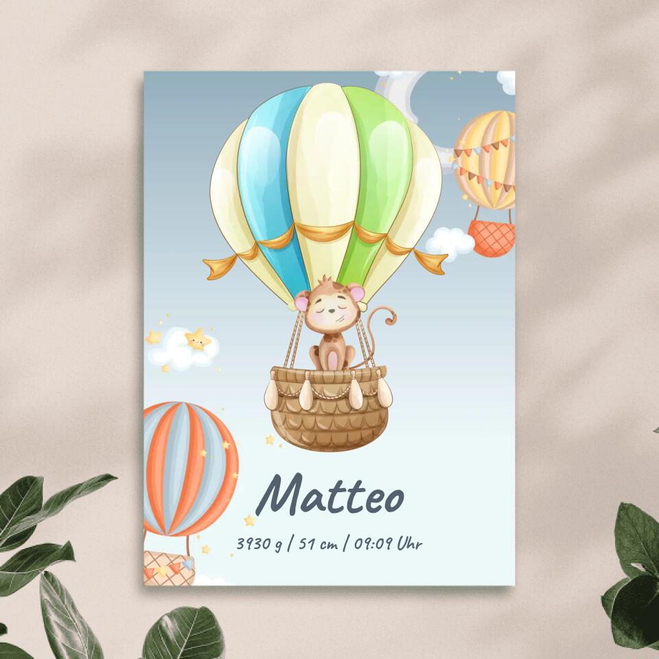 Personalisiertes Baby/Kinder Poster - Heißluftballon mit schlafenden Tieren + Kindernamen