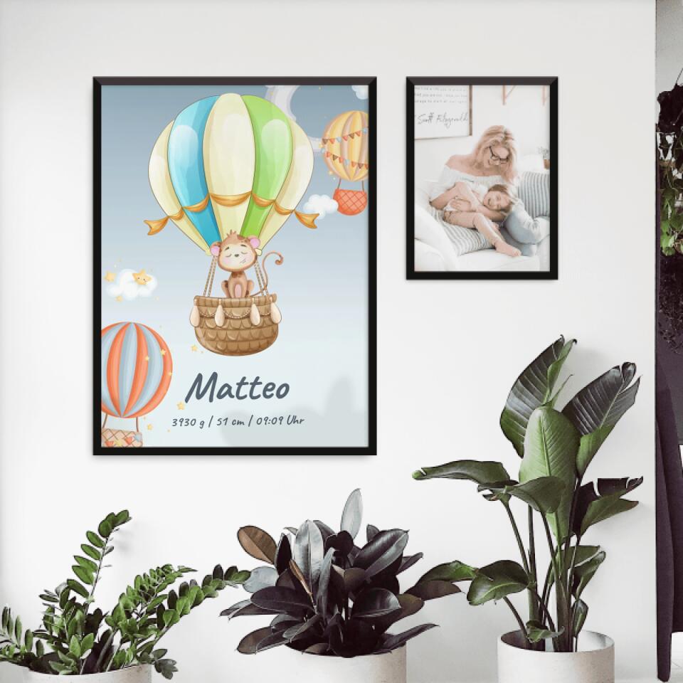 Personalisiertes Baby/Kinder Poster - Heißluftballon mit schlafenden Tieren + Kindernamen