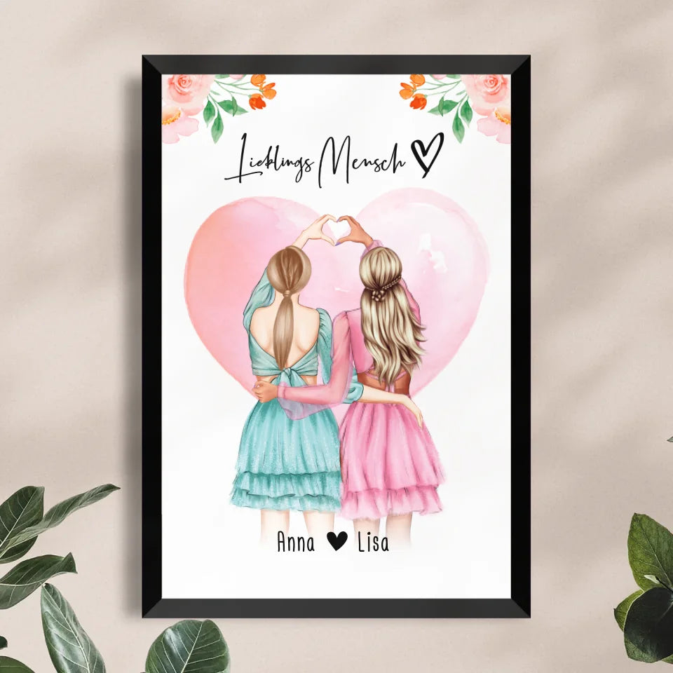 Personalisiertes Poster Beste Freundin (2 Freundinnen) - Herz mit Händen