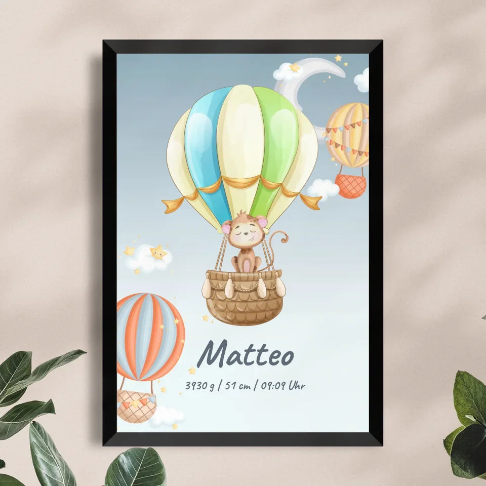 Personalisiertes Baby/Kinder Poster - Heißluftballon mit schlafenden Tieren + Kindernamen