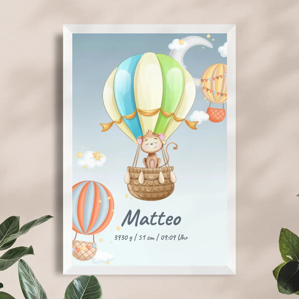 Personalisiertes Baby/Kinder Poster - Heißluftballon mit schlafenden Tieren + Kindernamen