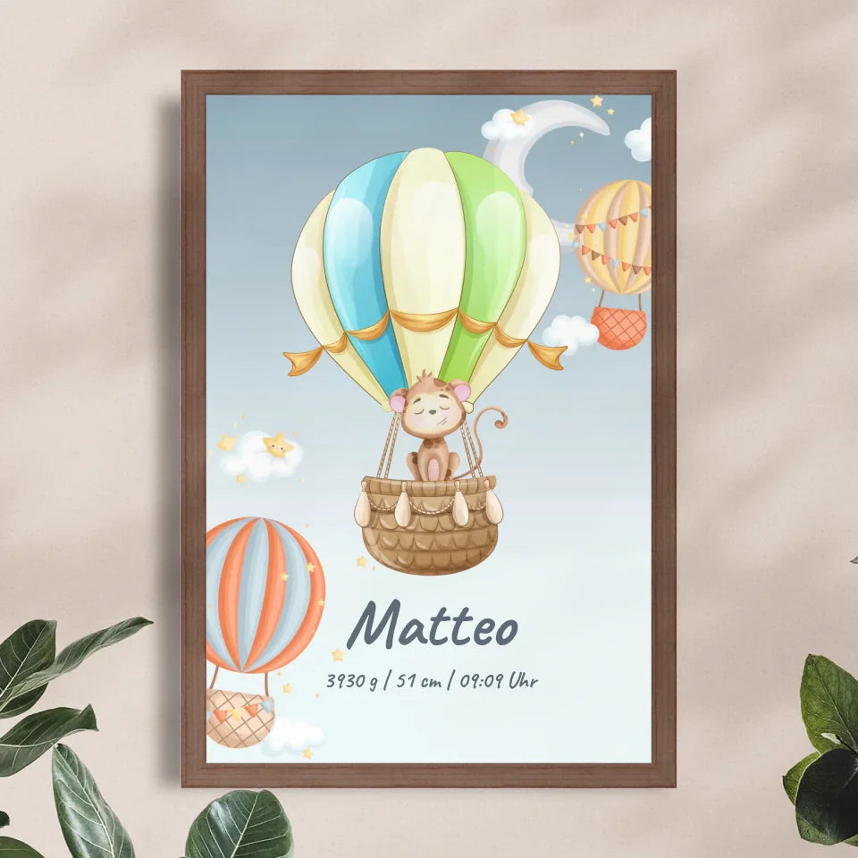 Personalisiertes Baby/Kinder Poster - Heißluftballon mit schlafenden Tieren + Kindernamen