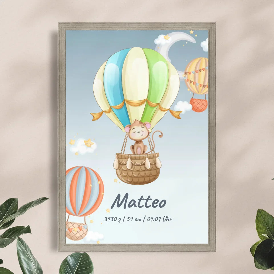 Personalisiertes Baby/Kinder Poster - Heißluftballon mit schlafenden Tieren + Kindernamen