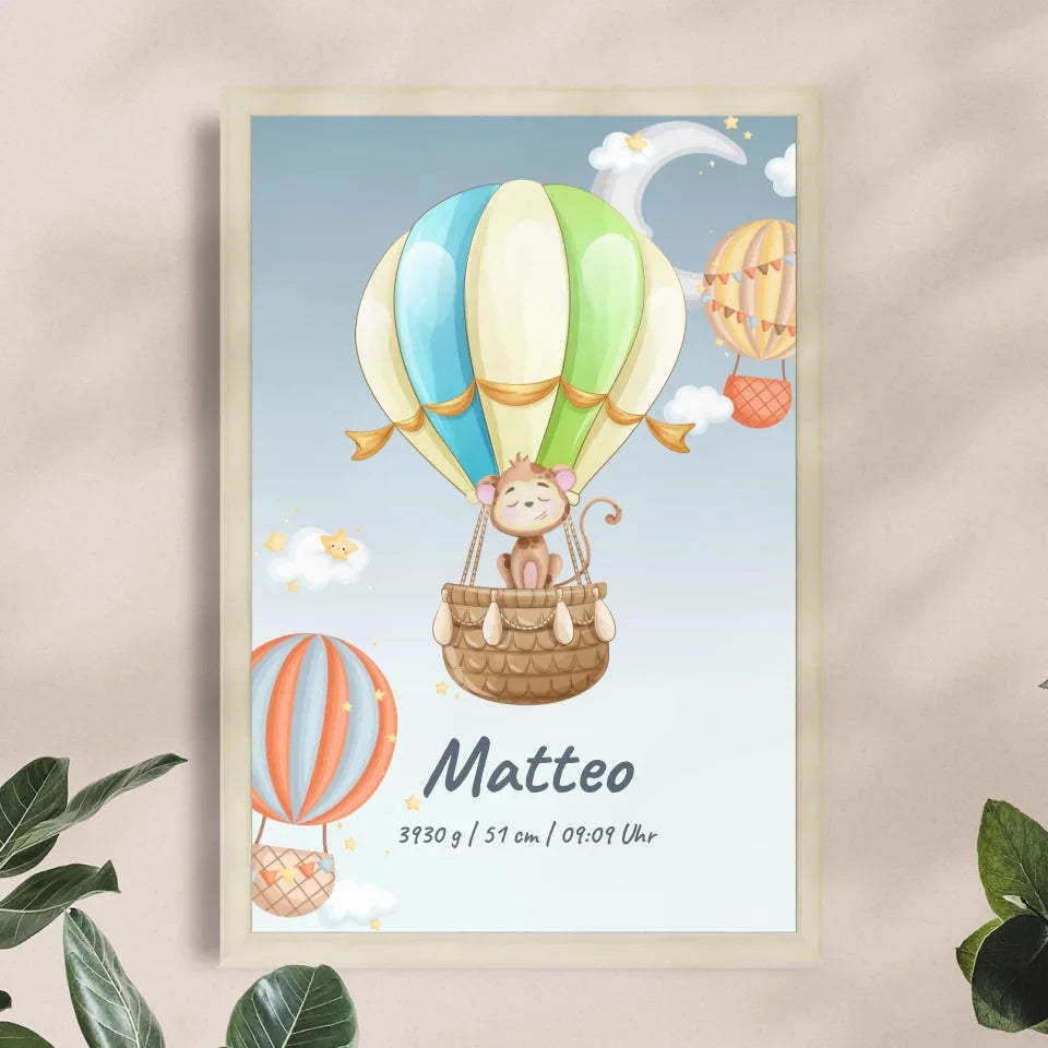Personalisiertes Baby/Kinder Poster - Heißluftballon mit schlafenden Tieren + Kindernamen
