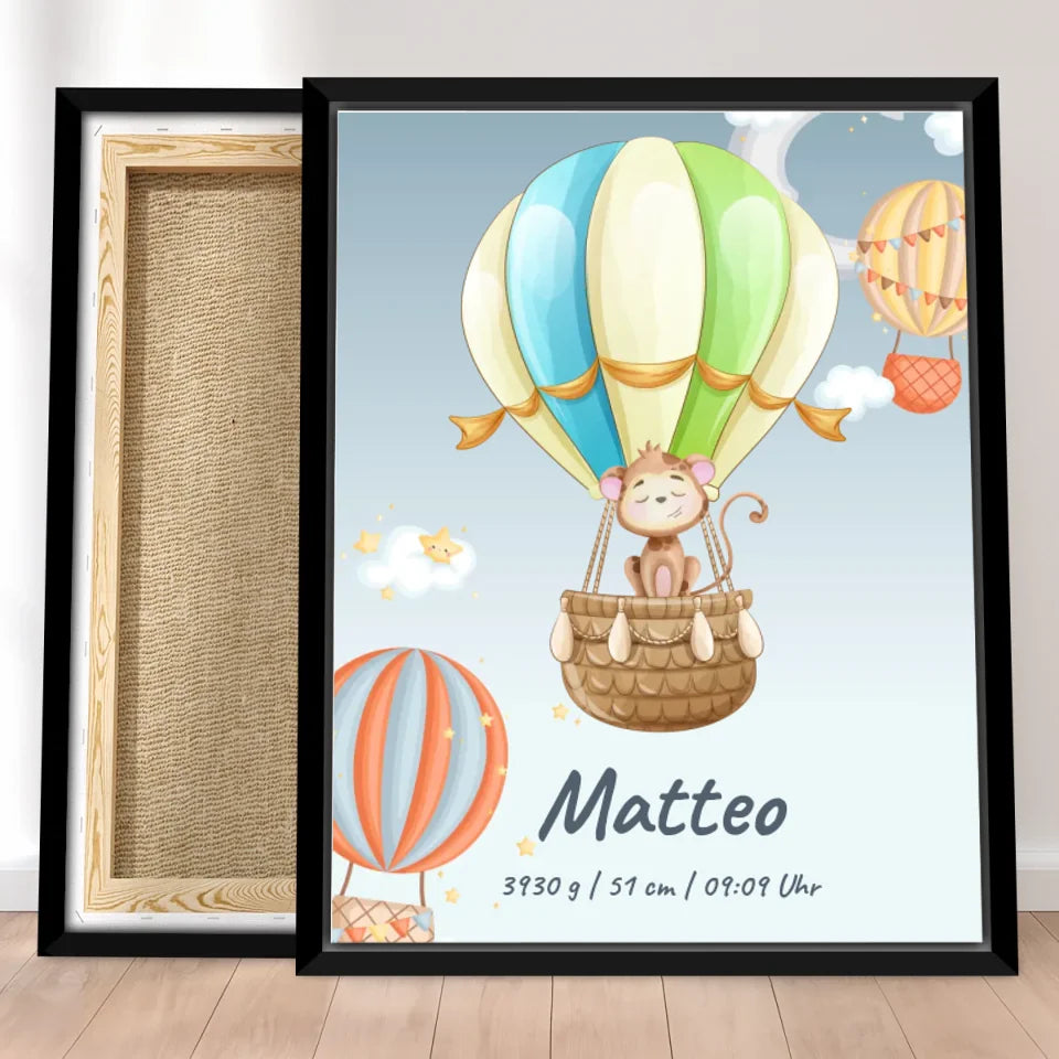Personalisierte Baby/Kinder Leinwand - Heißluftballon mit schlafenden Tieren + Kindernamen