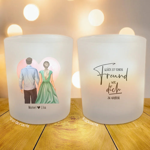 Personalisiertes Teelicht (Satin) - Hemd und Kleid - Pärchen Tasse
