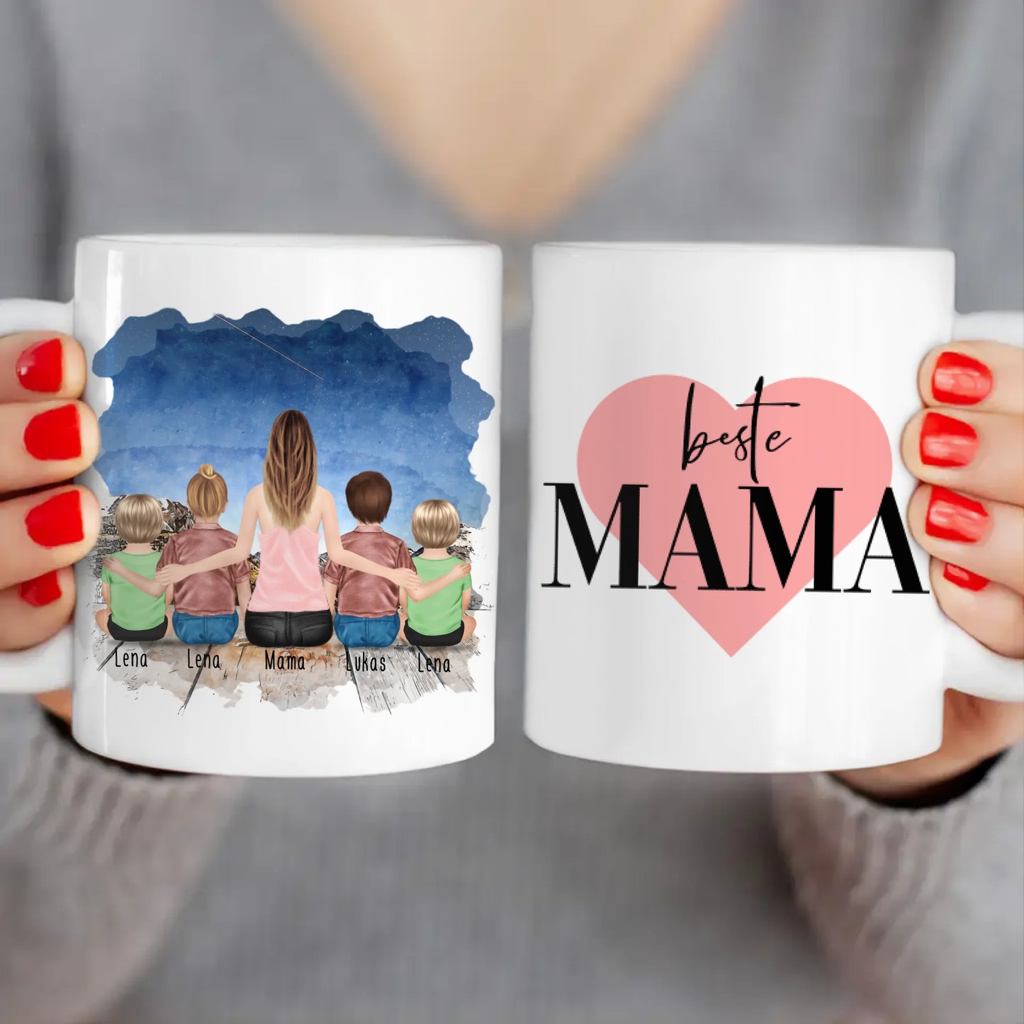 Personalisierte Tasse - 1 Frau + 2 Kinder + 2 Babys