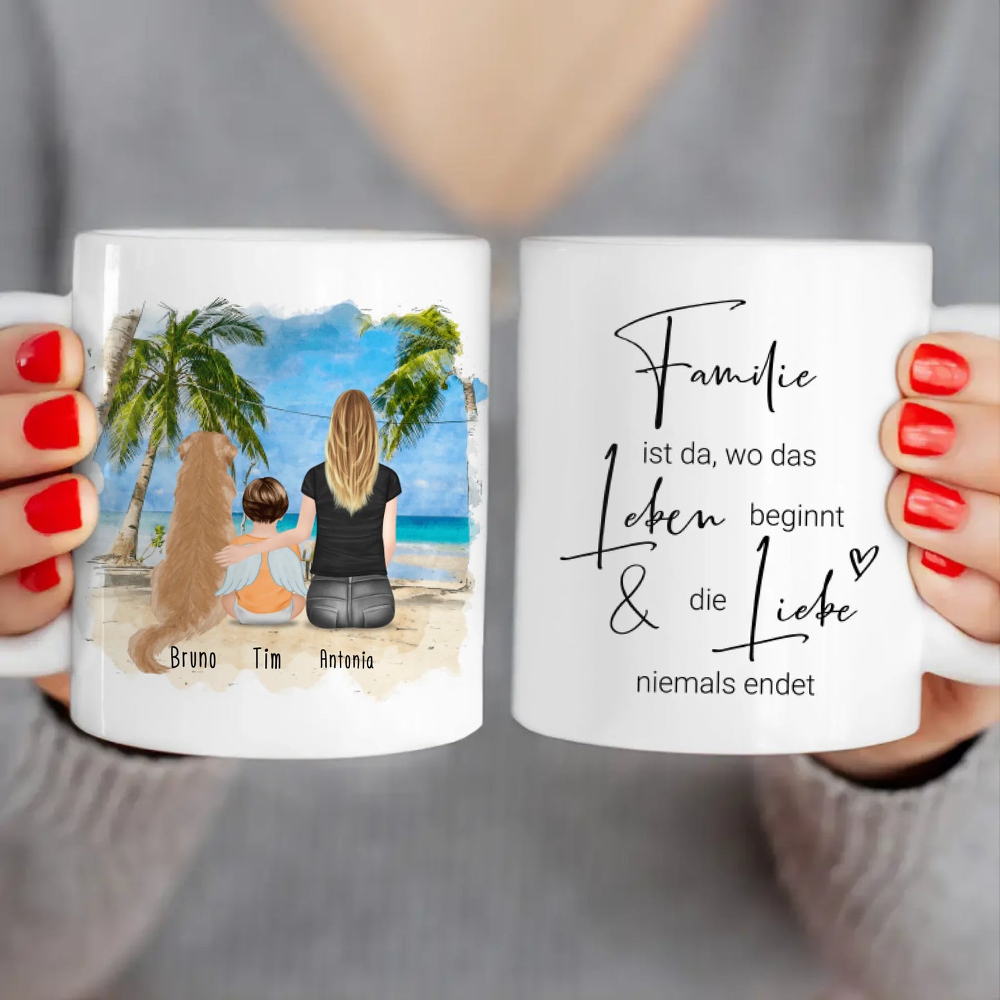 Personalisierte Tasse - 1 Mama + 1 Baby mit Engelsflügeln + 1 Hund