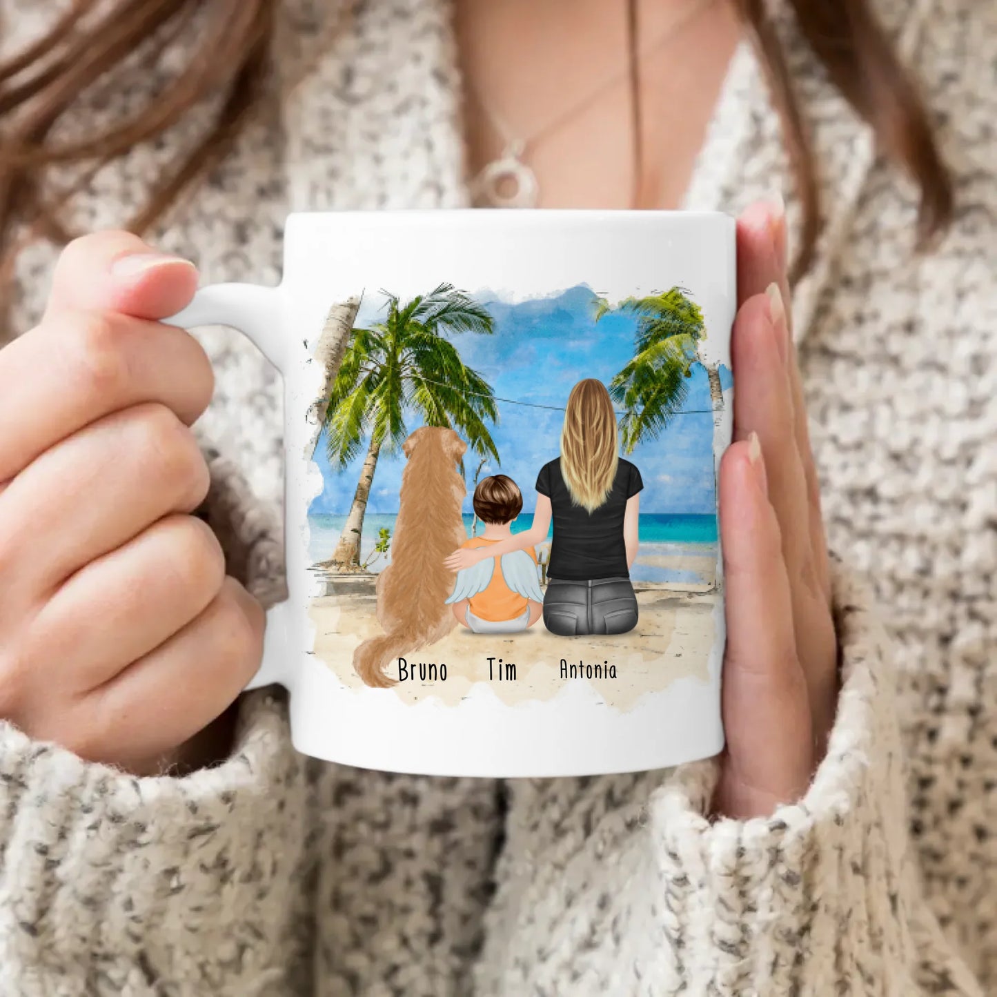 Personalisierte Tasse - 1 Mama + 1 Baby mit Engelsflügeln + 1 Hund