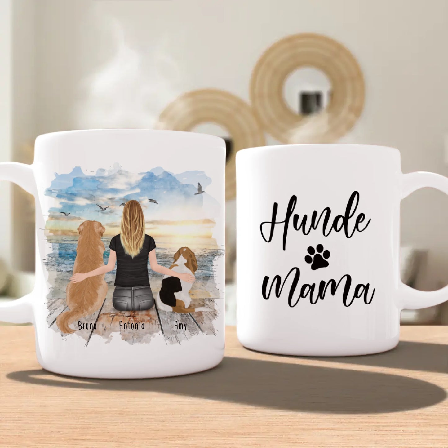 Personalisierte Tasse mit Hund und Frau (2 Hunde + 1 Frau)