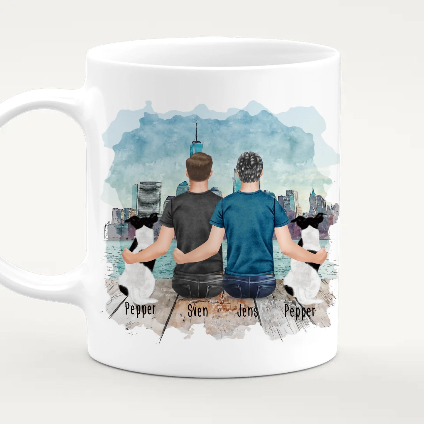 Personalisierte Tasse - 2 Männer + 2 Hunde