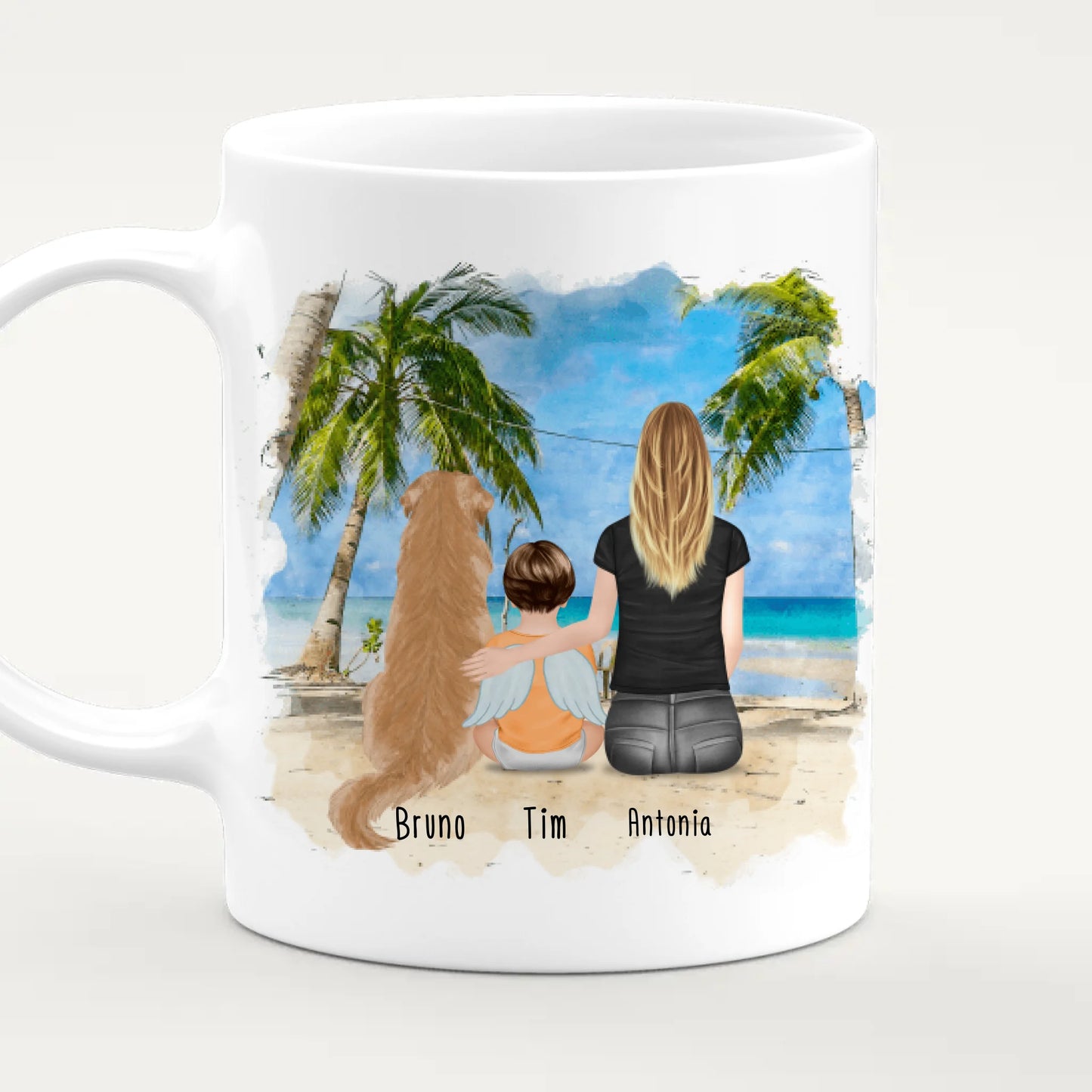 Personalisierte Tasse - 1 Mama + 1 Baby mit Engelsflügeln + 1 Hund