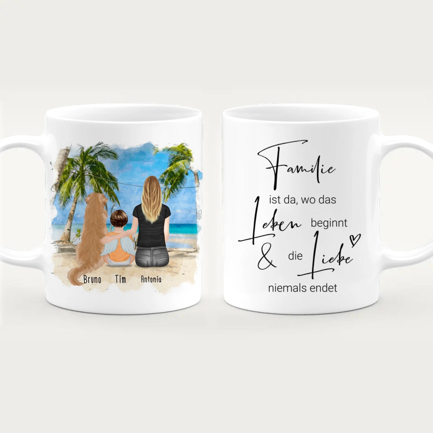 Personalisierte Tasse - 1 Mama + 1 Baby mit Engelsflügeln + 1 Hund