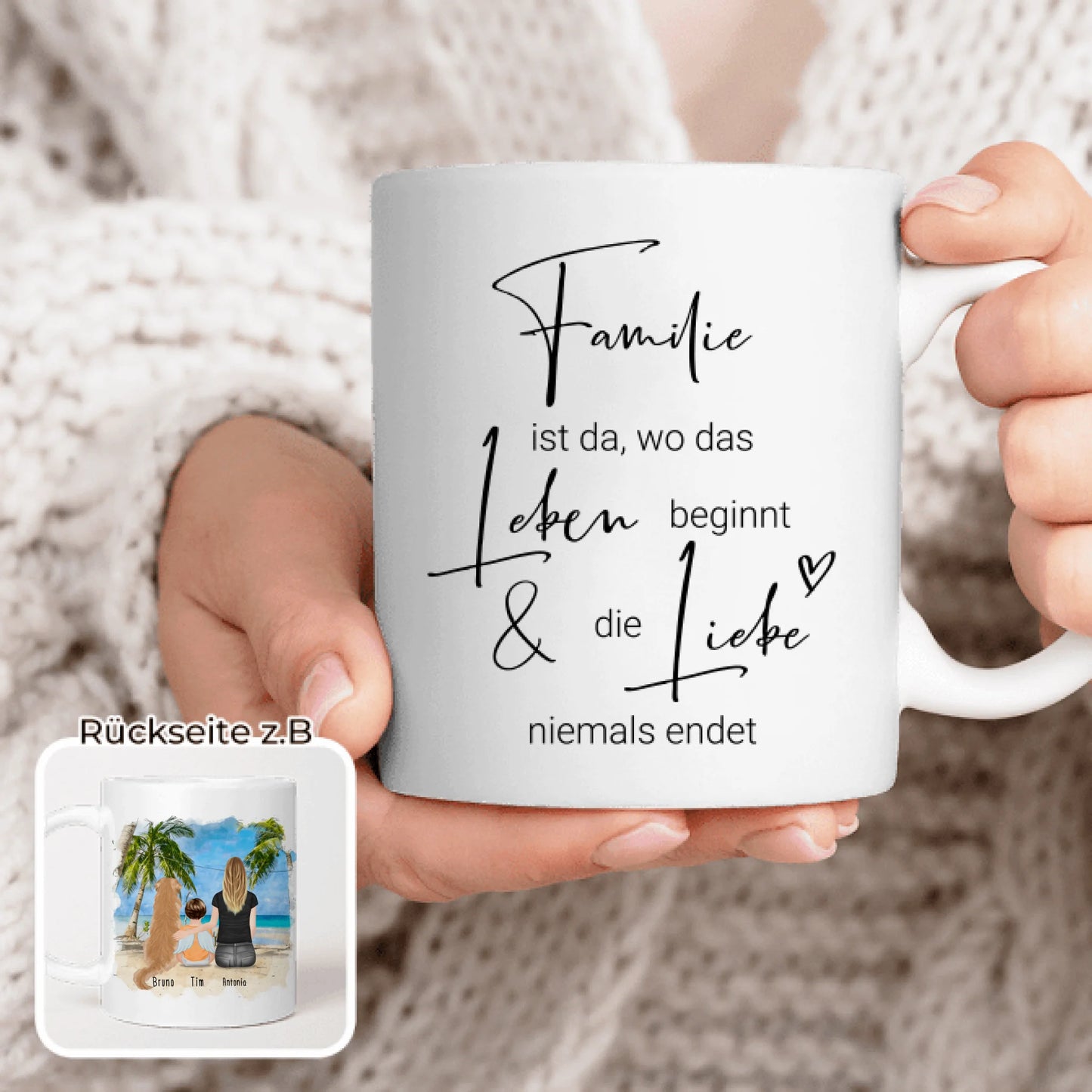 Personalisierte Tasse - 1 Mama + 1 Baby mit Engelsflügeln + 1 Hund