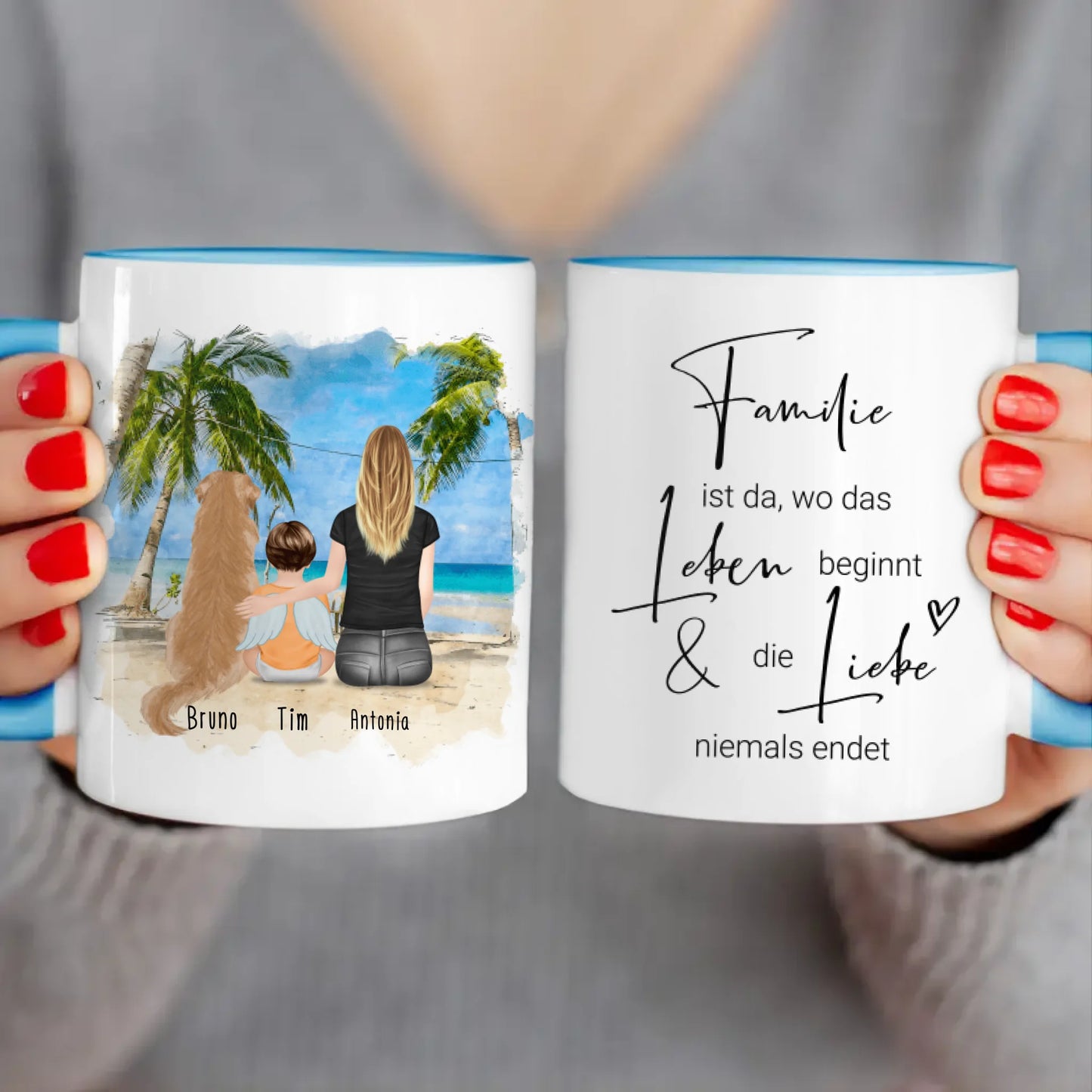 Personalisierte Tasse - 1 Mama + 1 Baby mit Engelsflügeln + 1 Hund