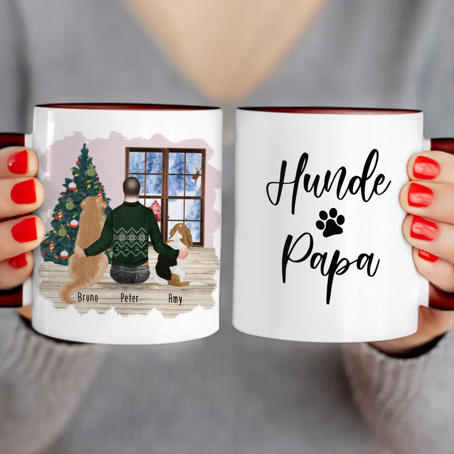 Personalisierte Tasse mit Hund und Mann (2 Hunde + 1 Mann) - Weihnachtstasse