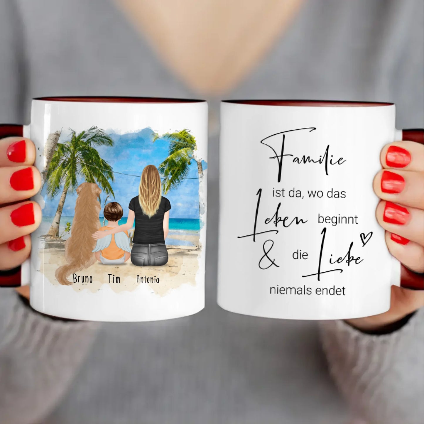 Personalisierte Tasse - 1 Mama + 1 Baby mit Engelsflügeln + 1 Hund