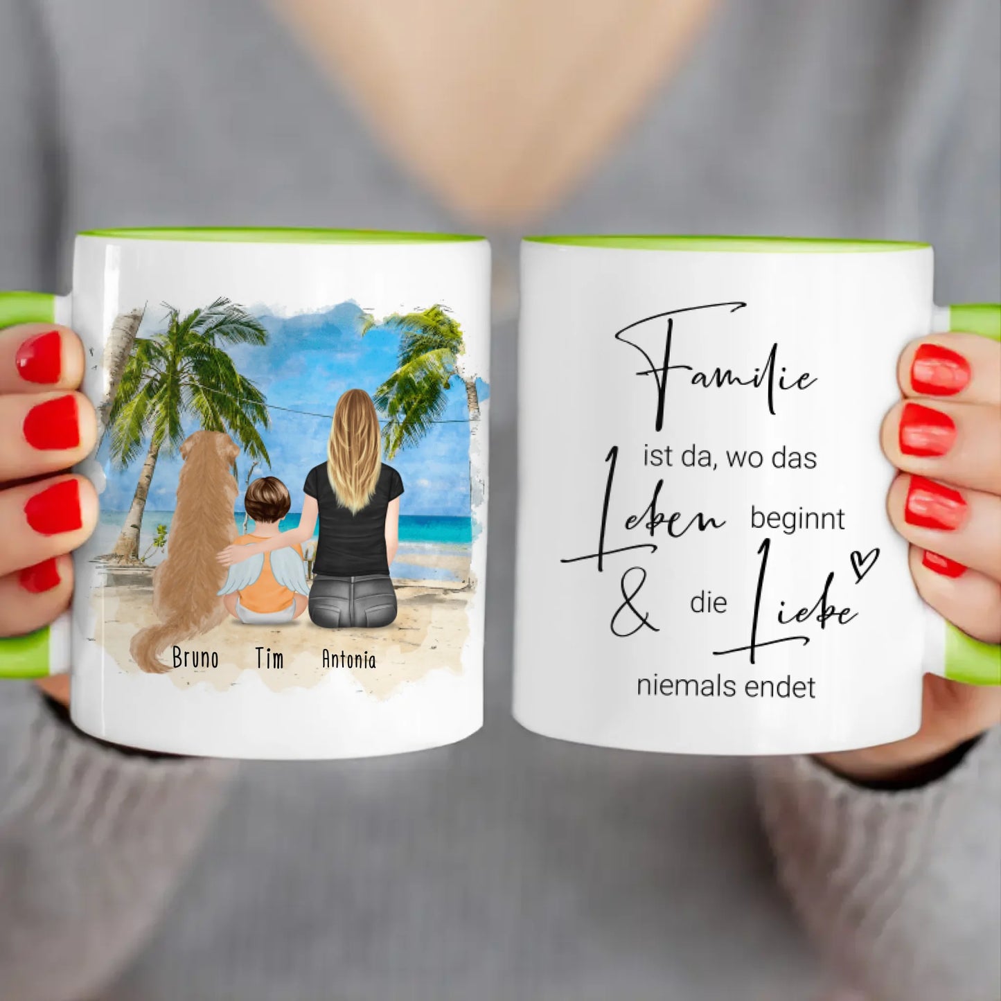 Personalisierte Tasse - 1 Mama + 1 Baby mit Engelsflügeln + 1 Hund