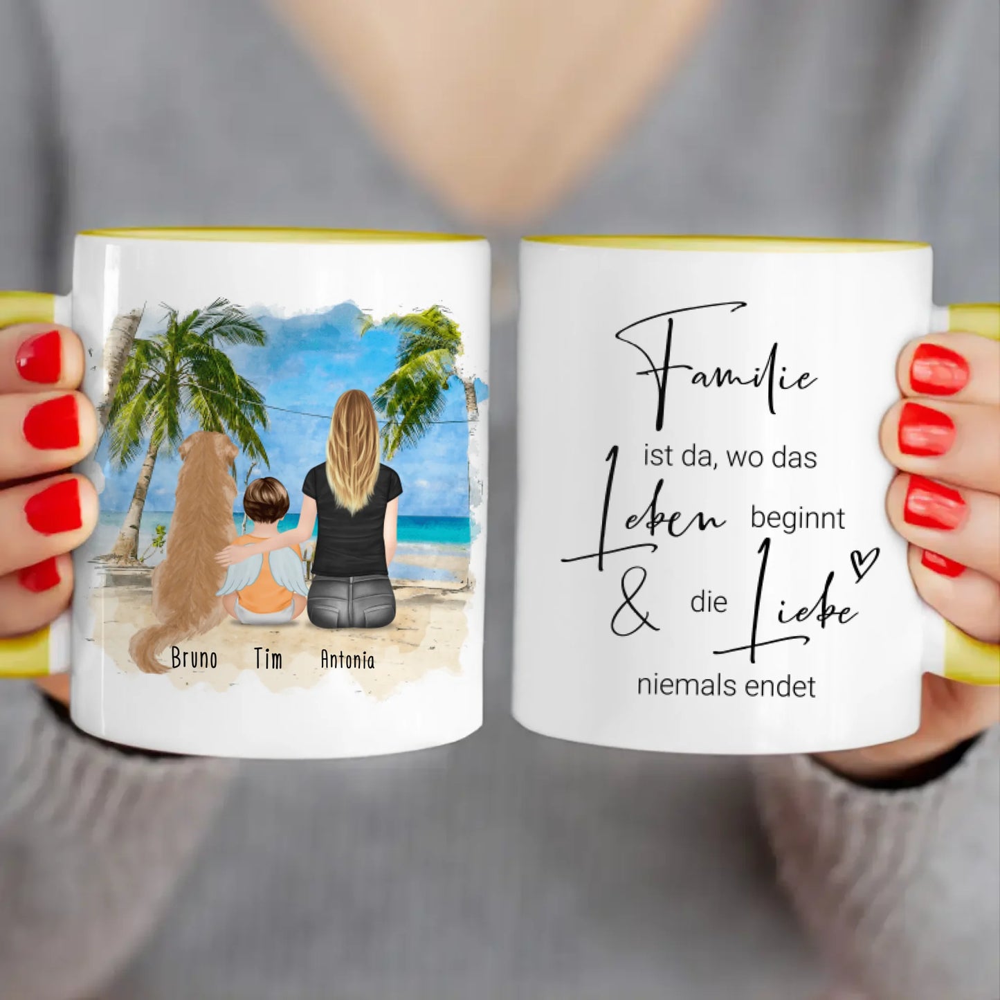 Personalisierte Tasse - 1 Mama + 1 Baby mit Engelsflügeln + 1 Hund