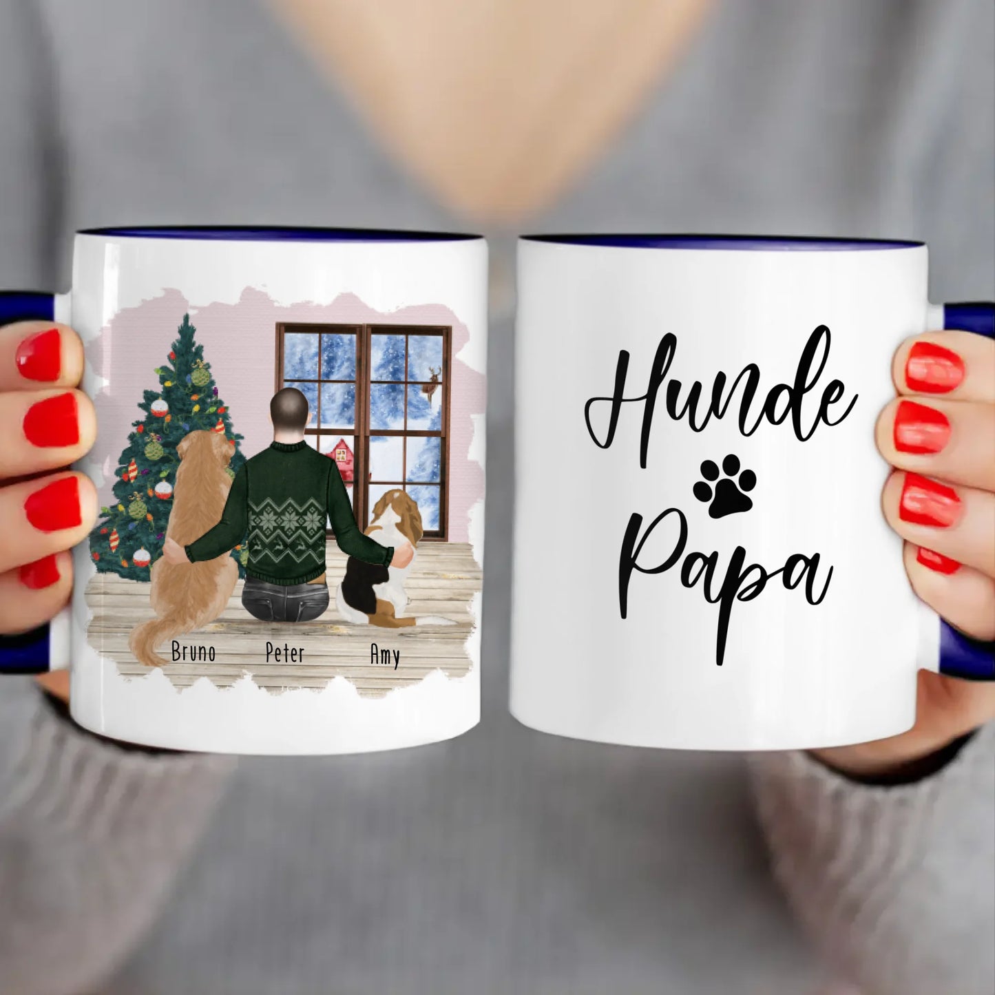 Personalisierte Tasse mit Hund und Mann (2 Hunde + 1 Mann) - Weihnachtstasse