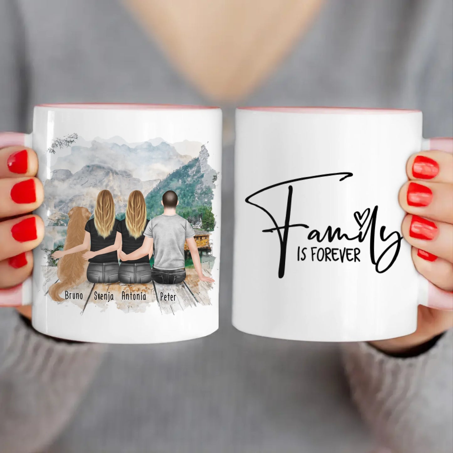 Personalisierte Tasse - 2 Frauen + 1 Mann + 1 Hund