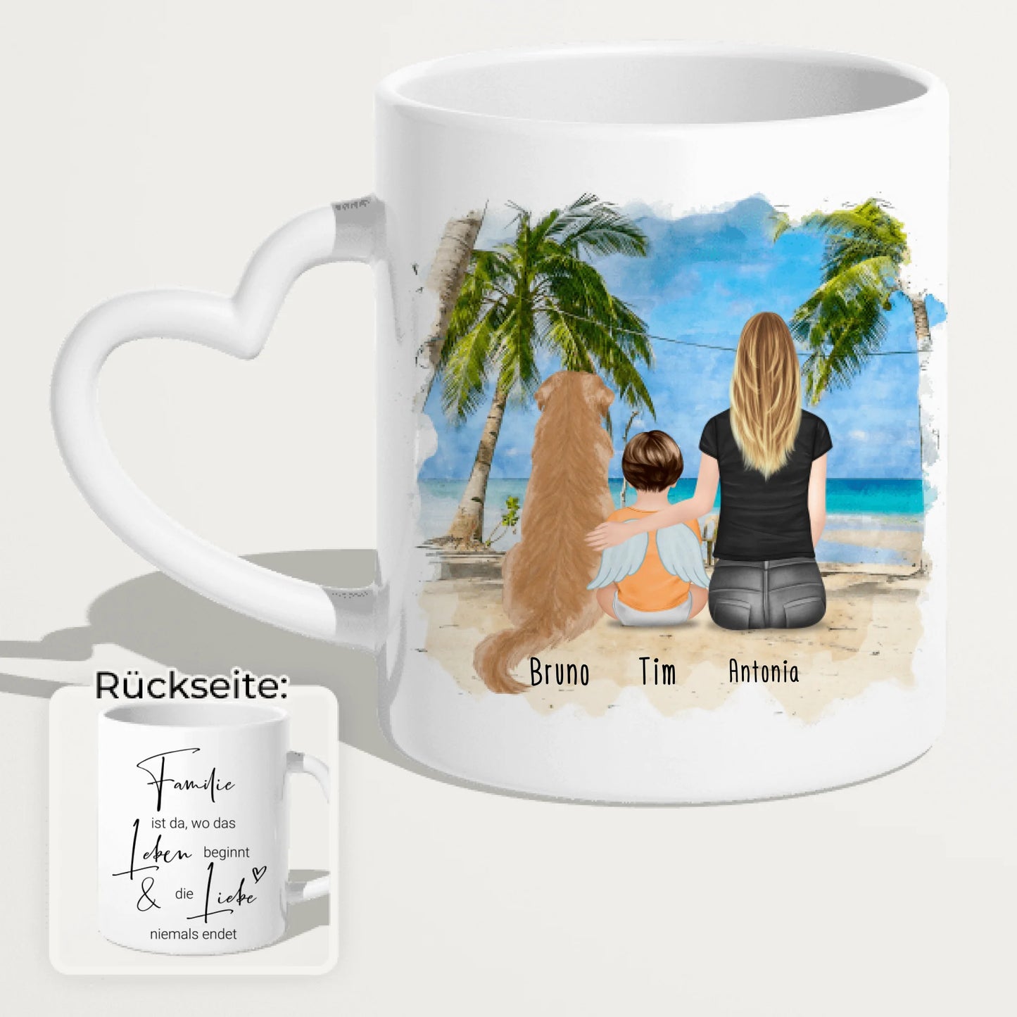Personalisierte Tasse - 1 Mama + 1 Baby mit Engelsflügeln + 1 Hund