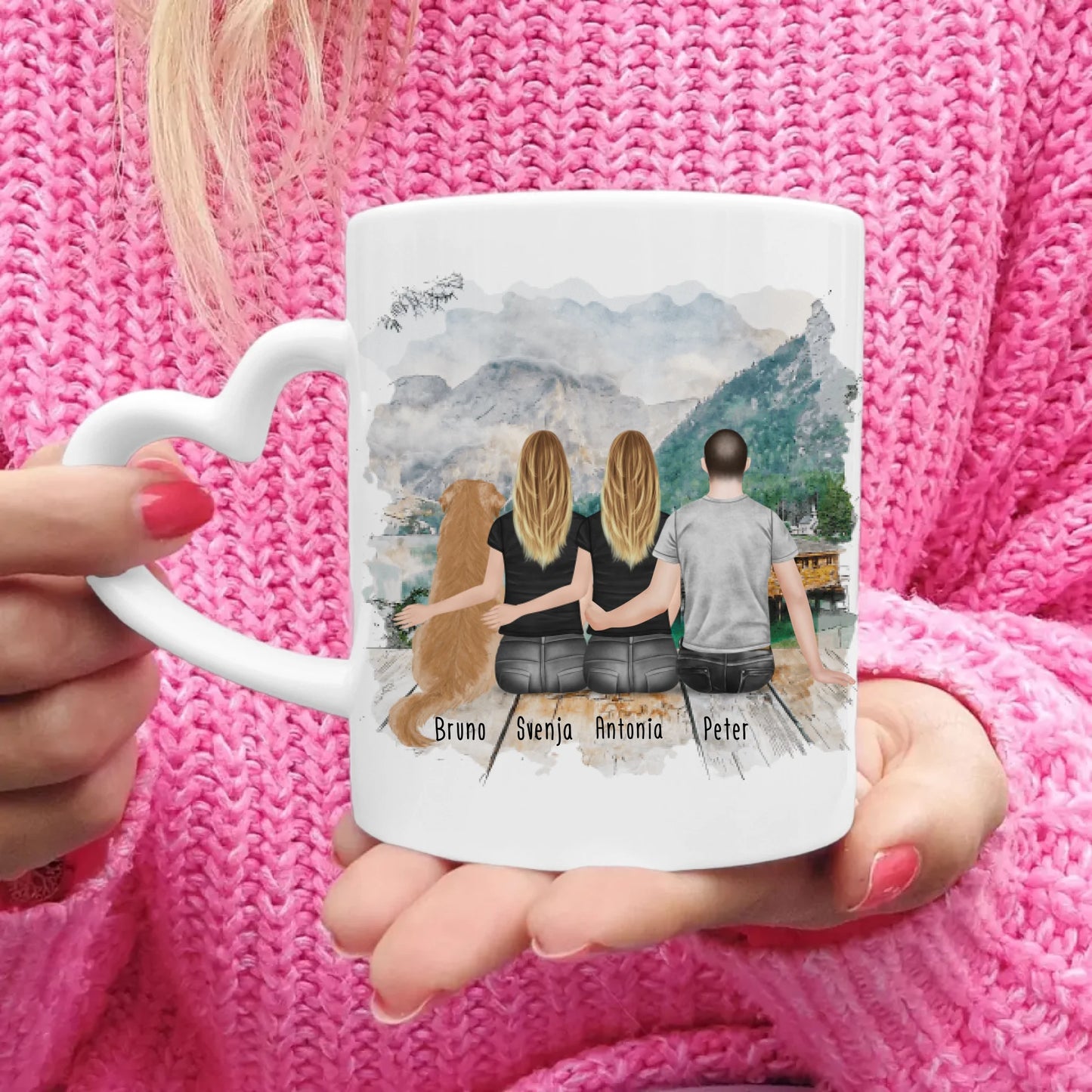 Personalisierte Tasse - 2 Frauen + 1 Mann + 1 Hund