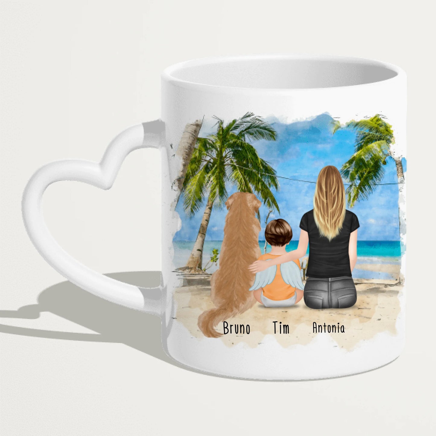 Personalisierte Tasse - 1 Mama + 1 Baby mit Engelsflügeln + 1 Hund