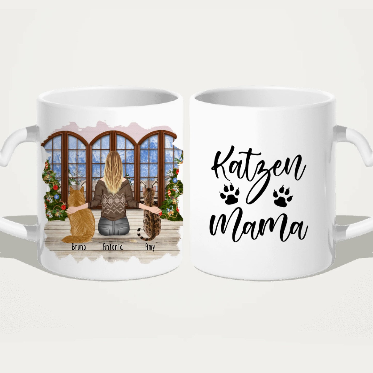 Personalisierte Tasse mit Katze und Frau (2 Katzen + 1 Frau) - Weihnachtstasse