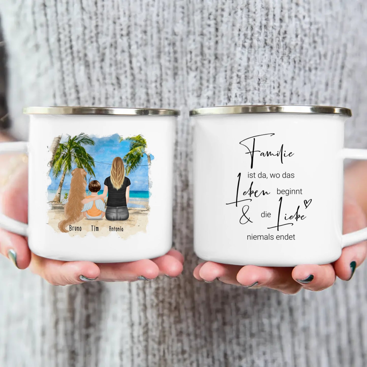 Personalisierte Tasse - 1 Mama + 1 Baby mit Engelsflügeln + 1 Hund