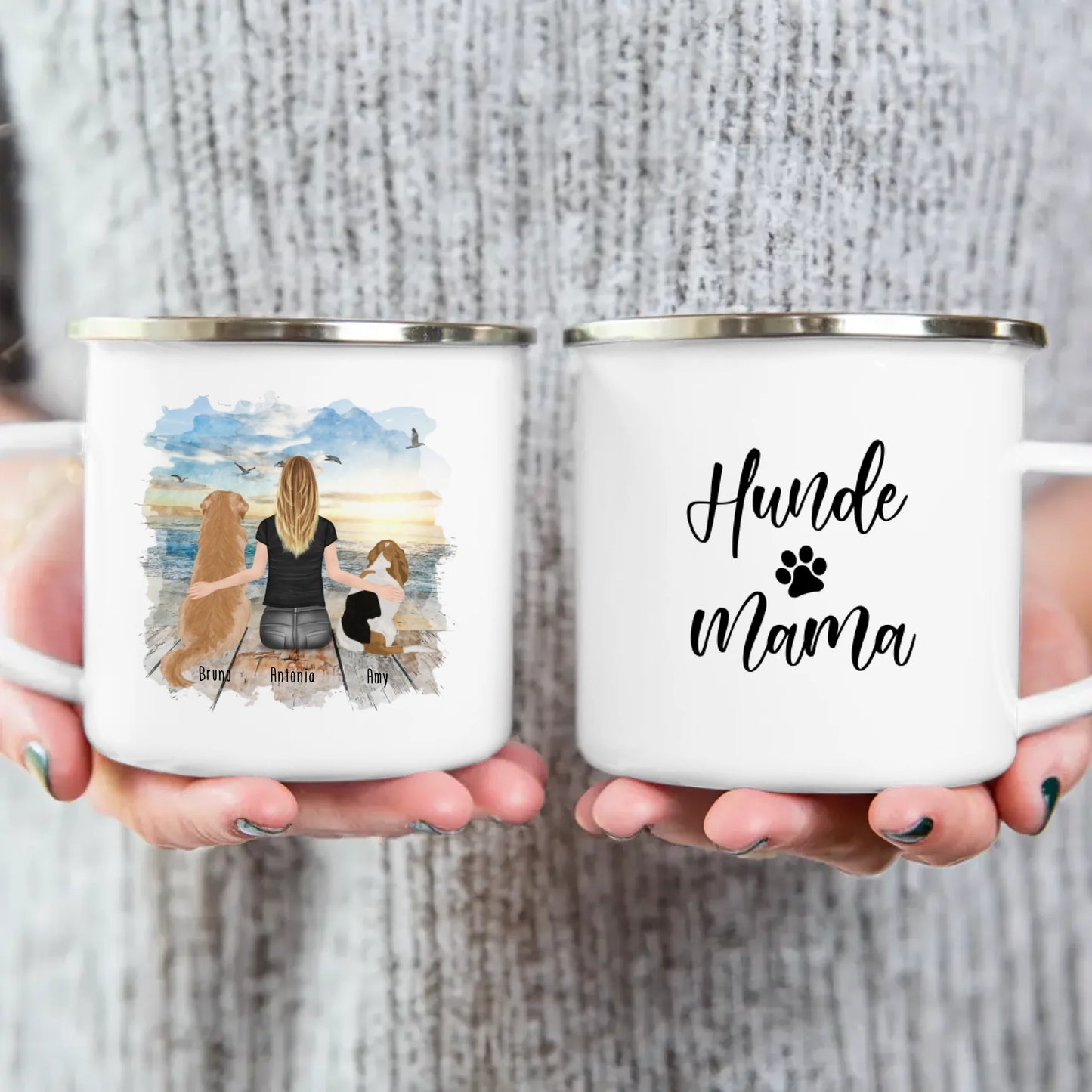 Personalisierte Tasse mit Hund und Frau (2 Hunde + 1 Frau)