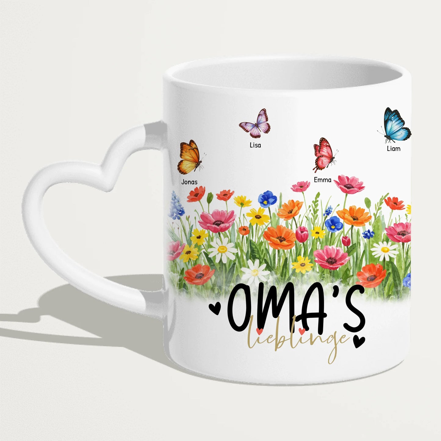 Personalisierte Tasse - Oma's Garten mit 1-10 Schmetterlingen