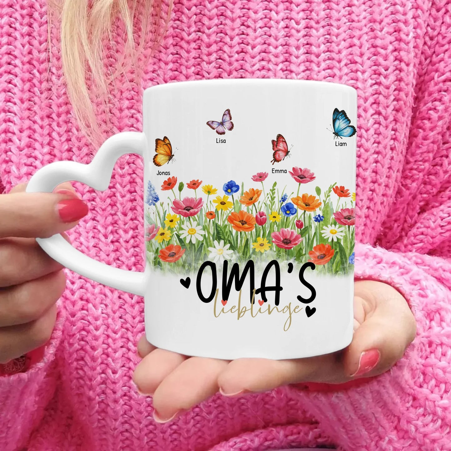 Personalisierte Tasse - Oma's Garten mit 1-10 Schmetterlingen