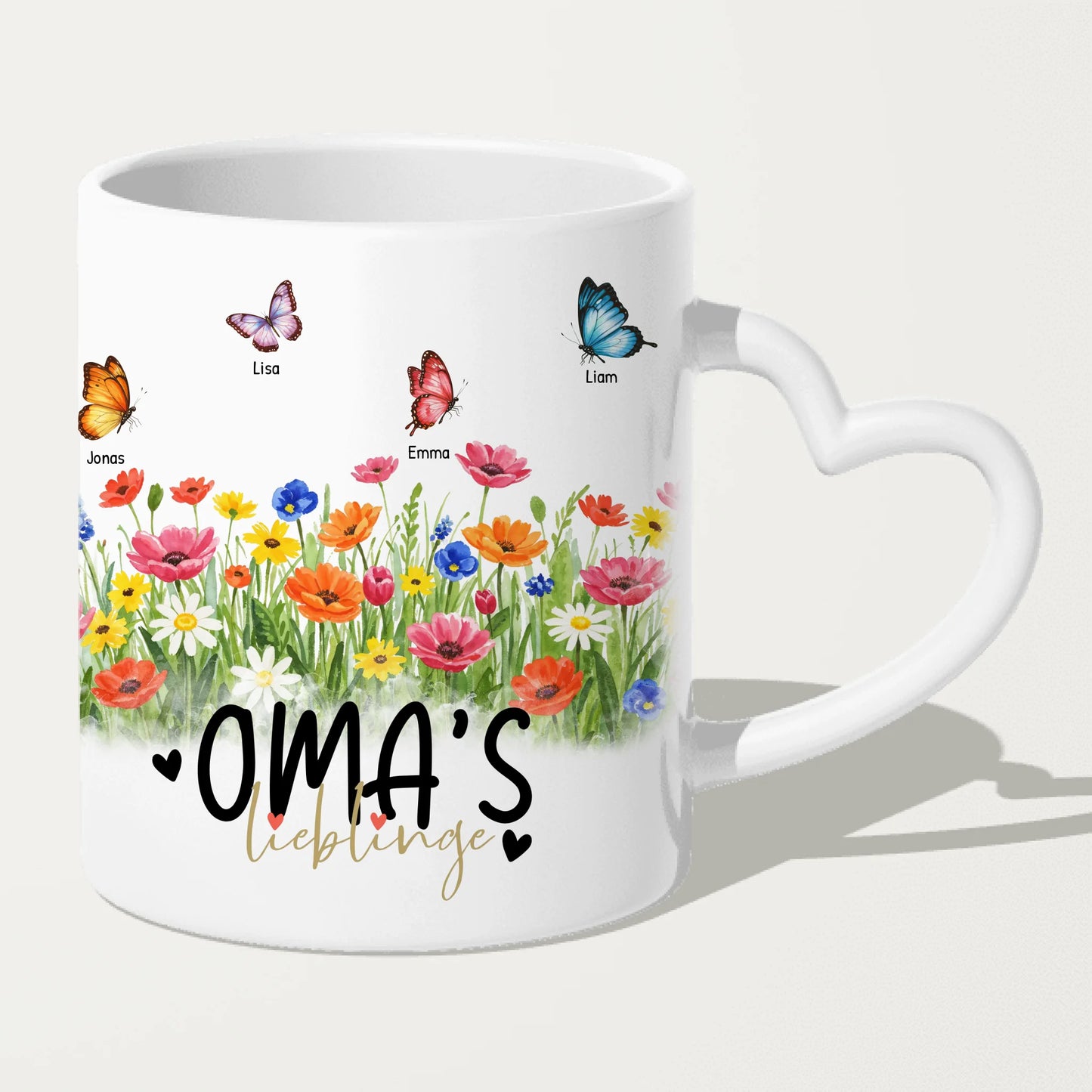 Personalisierte Tasse - Oma's Garten mit 1-10 Schmetterlingen