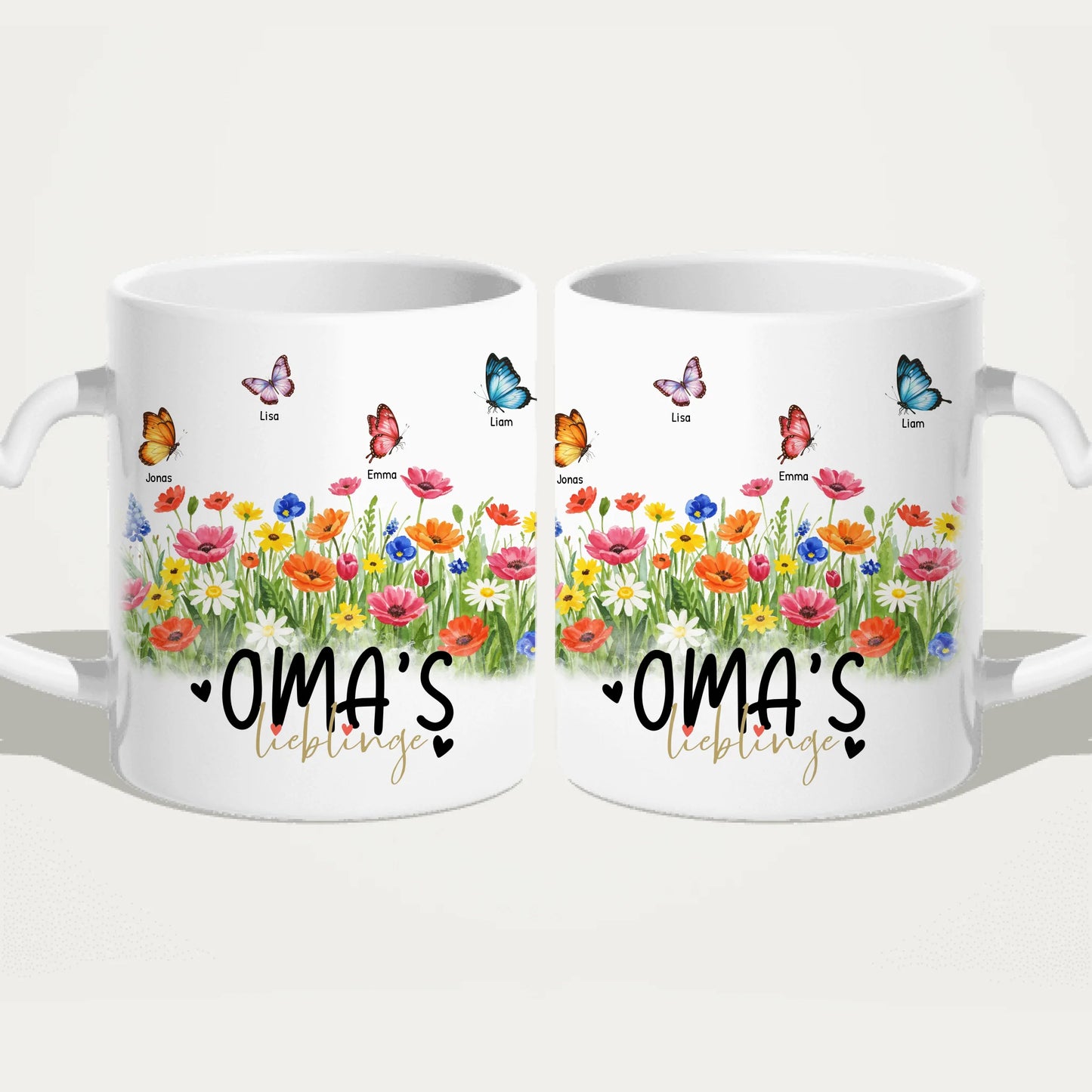 Personalisierte Tasse - Oma's Garten mit 1-10 Schmetterlingen