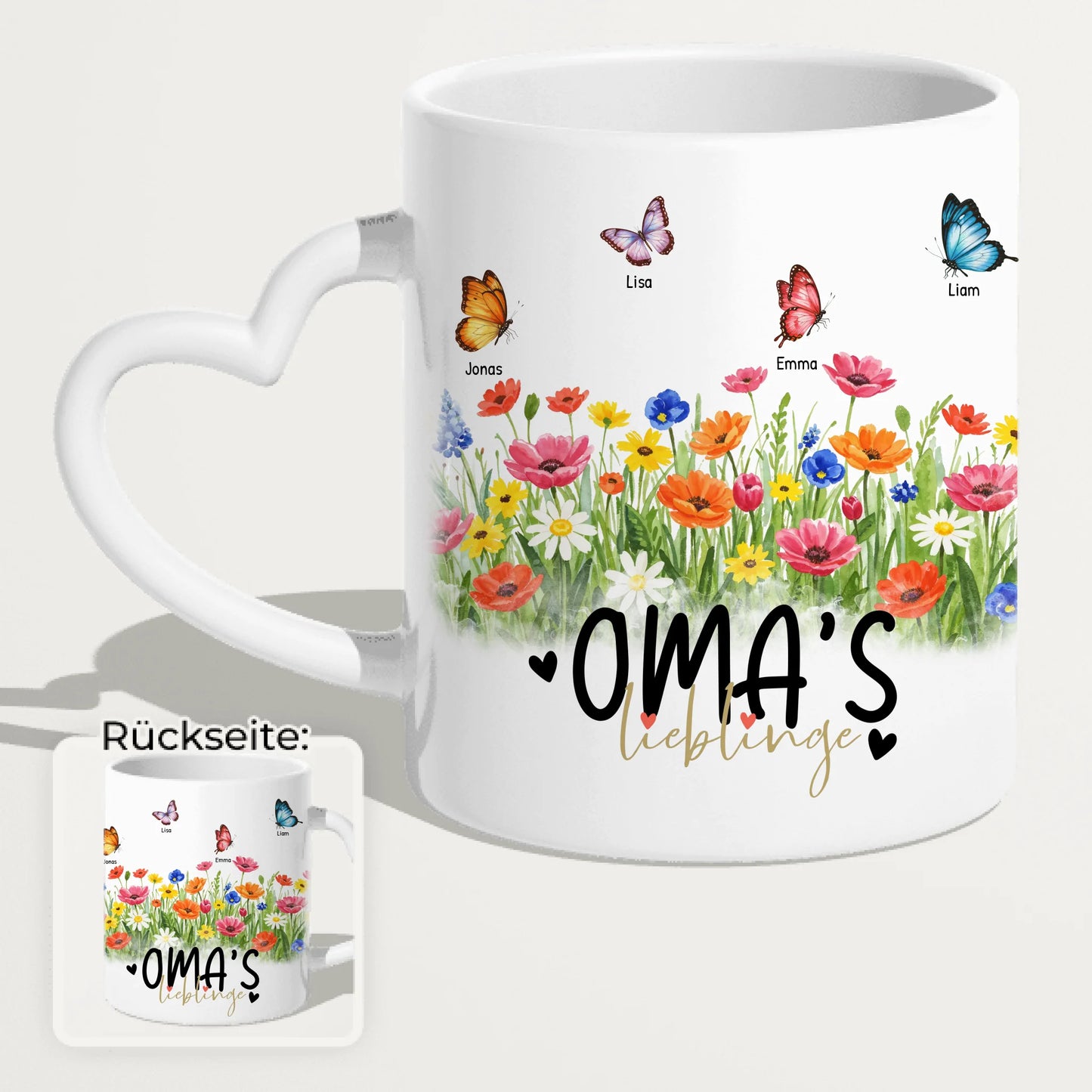 Personalisierte Tasse - Oma's Garten mit 1-10 Schmetterlingen