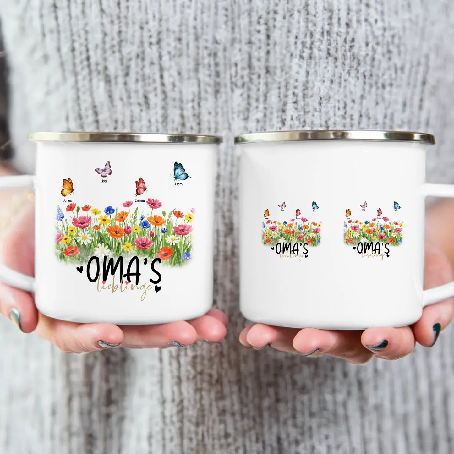 Personalisierte Tasse - Oma's Garten mit 1-10 Schmetterlingen