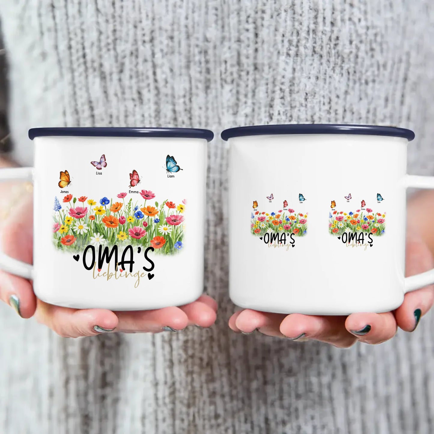 Personalisierte Tasse - Oma's Garten mit 1-10 Schmetterlingen