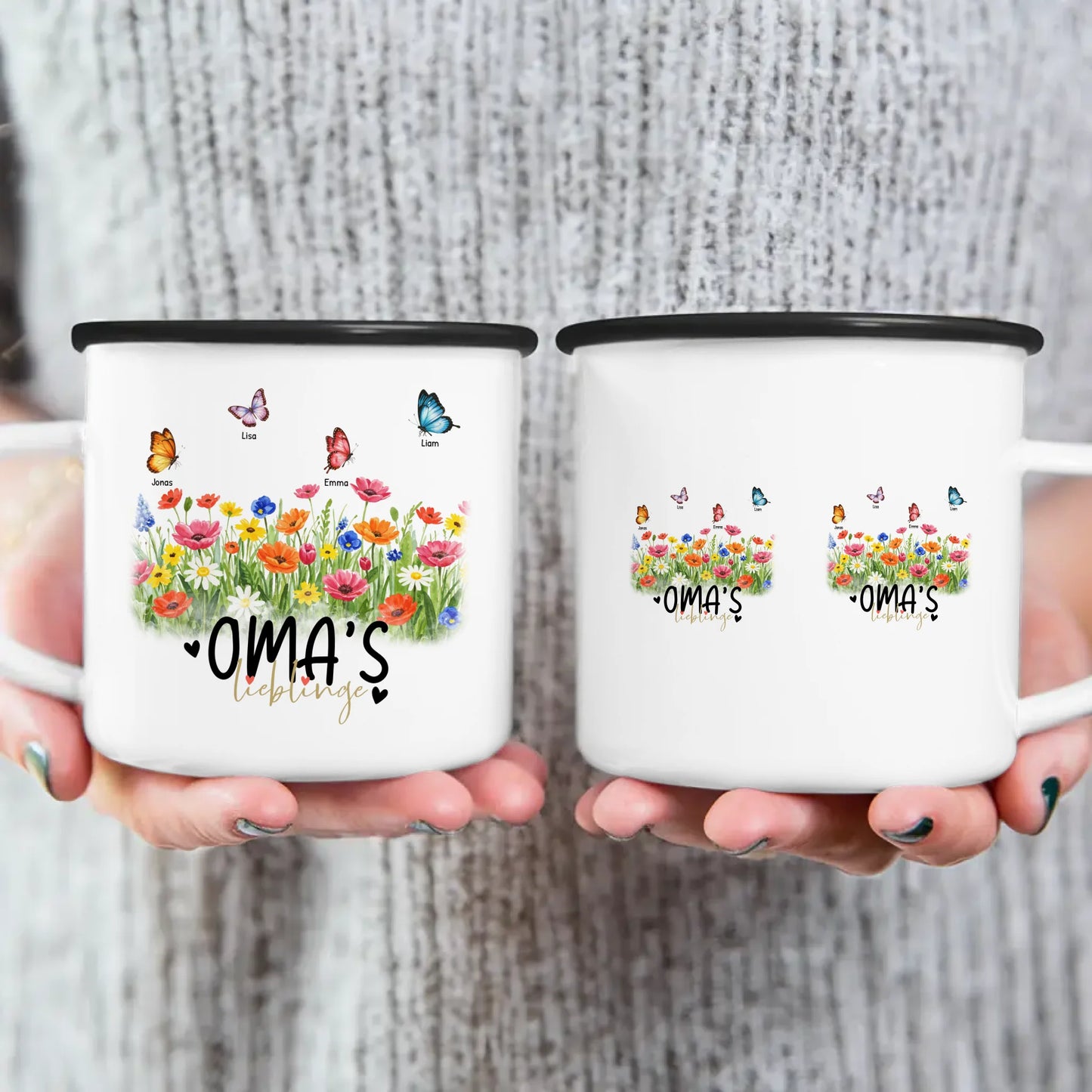 Personalisierte Tasse - Oma's Garten mit 1-10 Schmetterlingen