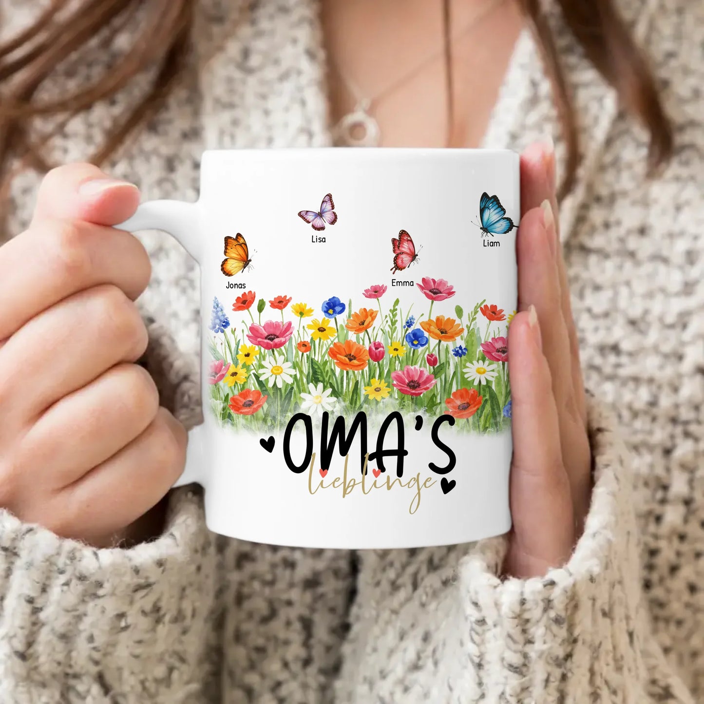 Personalisierte Tasse - Oma's Garten mit 1-10 Schmetterlingen