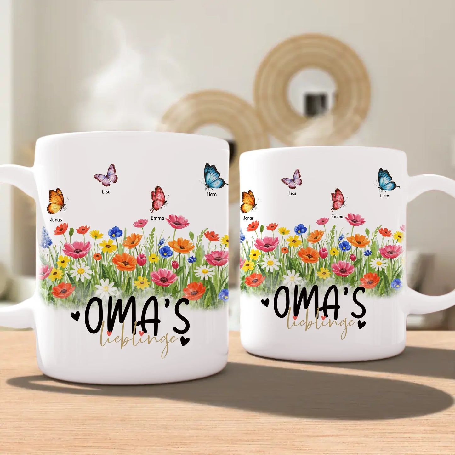 Personalisierte Tasse - Oma's Garten mit 1-10 Schmetterlingen
