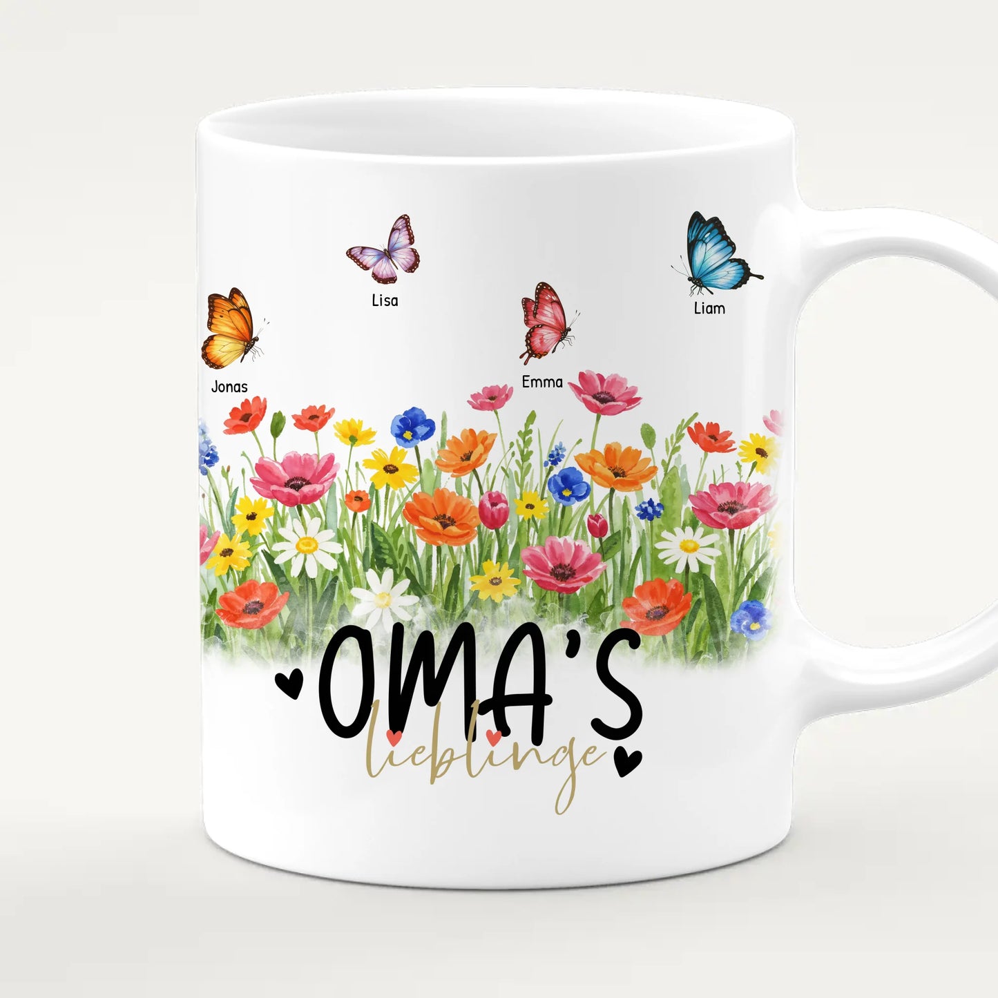Personalisierte Tasse - Oma's Garten mit 1-10 Schmetterlingen
