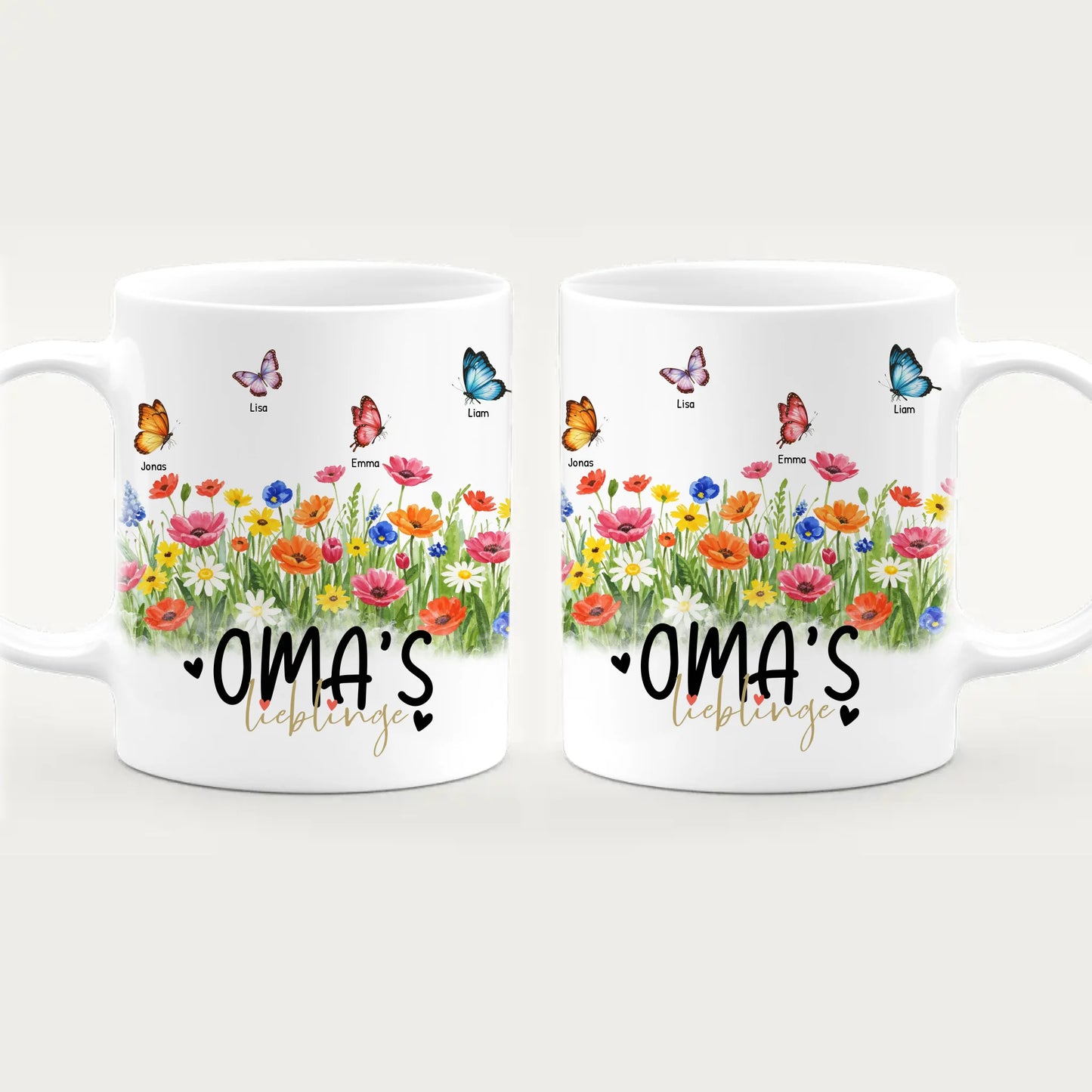 Personalisierte Tasse - Oma's Garten mit 1-10 Schmetterlingen