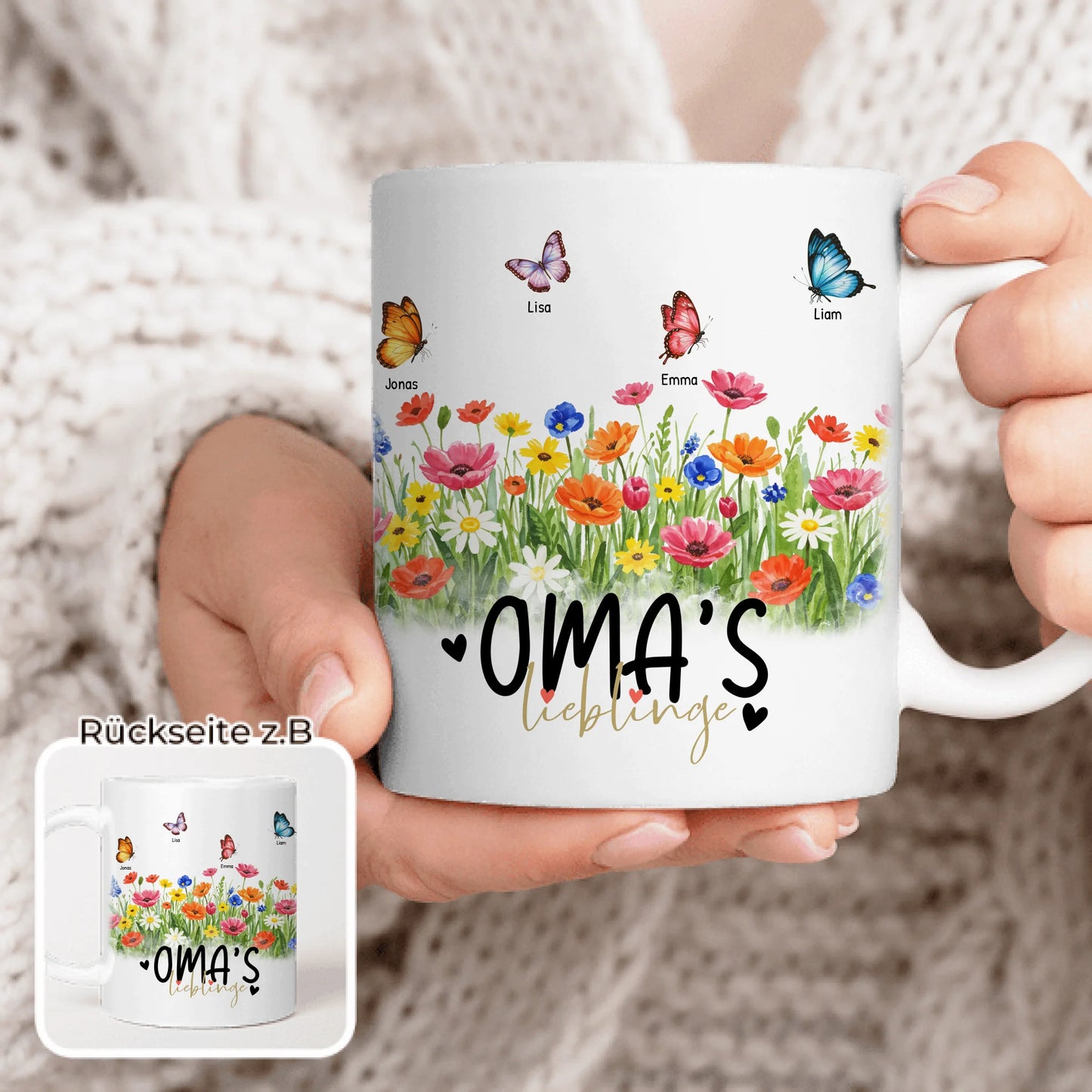 Personalisierte Tasse - Oma's Garten mit 1-10 Schmetterlingen