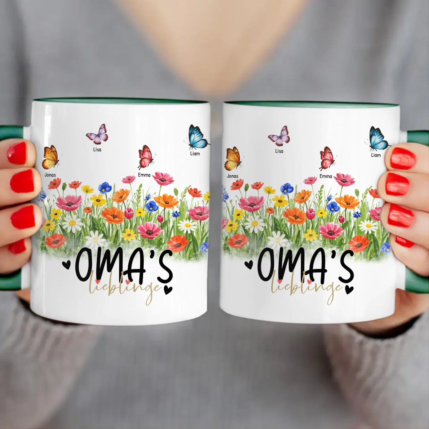 Personalisierte Tasse - Oma's Garten mit 1-10 Schmetterlingen