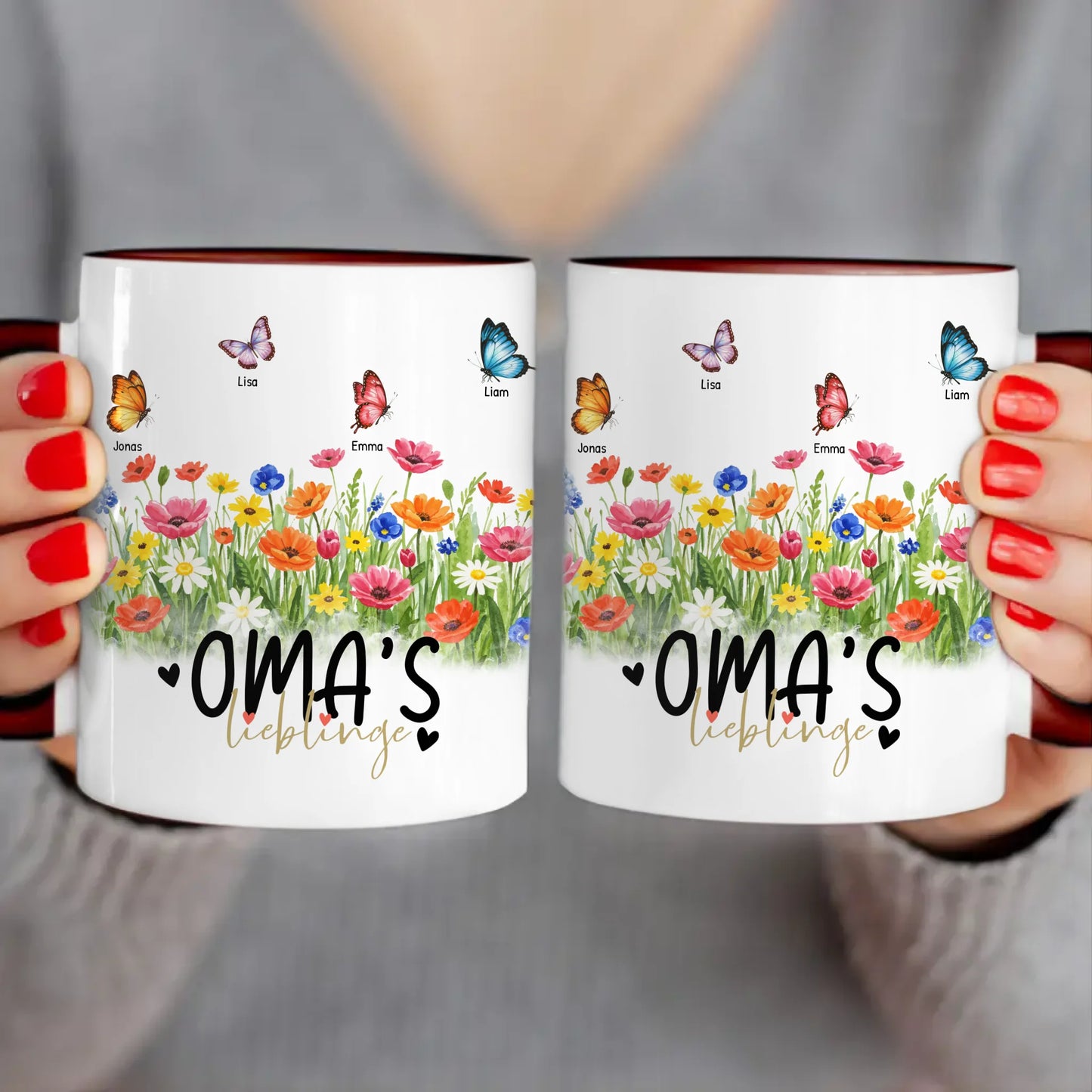 Personalisierte Tasse - Oma's Garten mit 1-10 Schmetterlingen