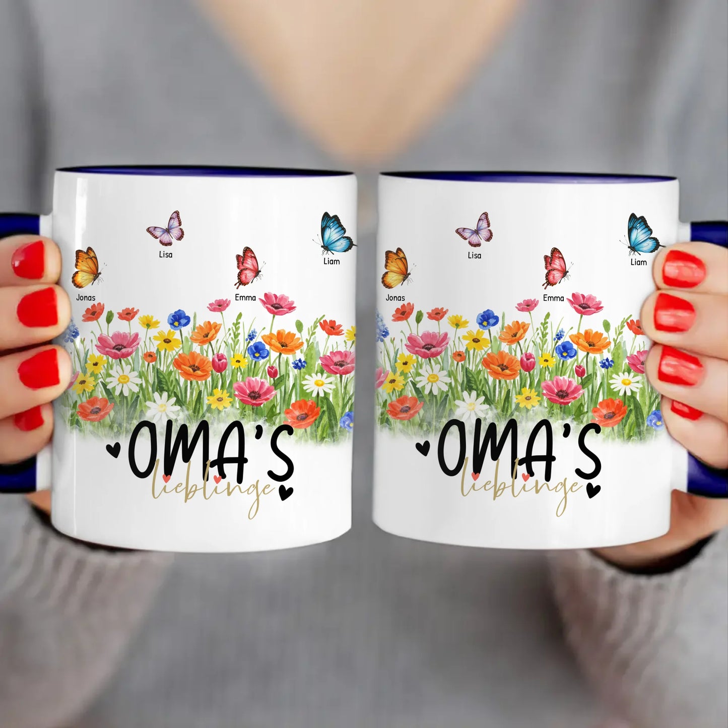 Personalisierte Tasse - Oma's Garten mit 1-10 Schmetterlingen