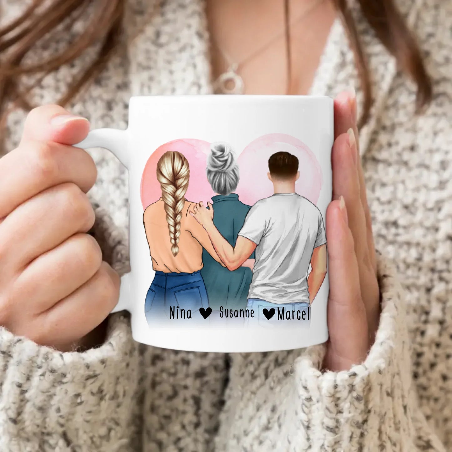 Personalisierte Tasse - Mutter/Mama + 1 Tochter + 1 Sohn (stehend)