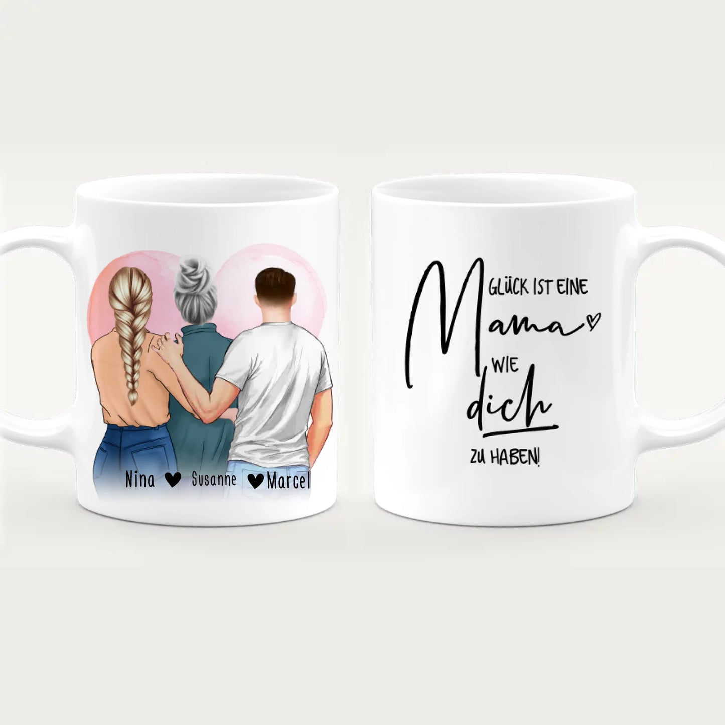 Personalisierte Tasse - Mutter/Mama + 1 Tochter + 1 Sohn (stehend)