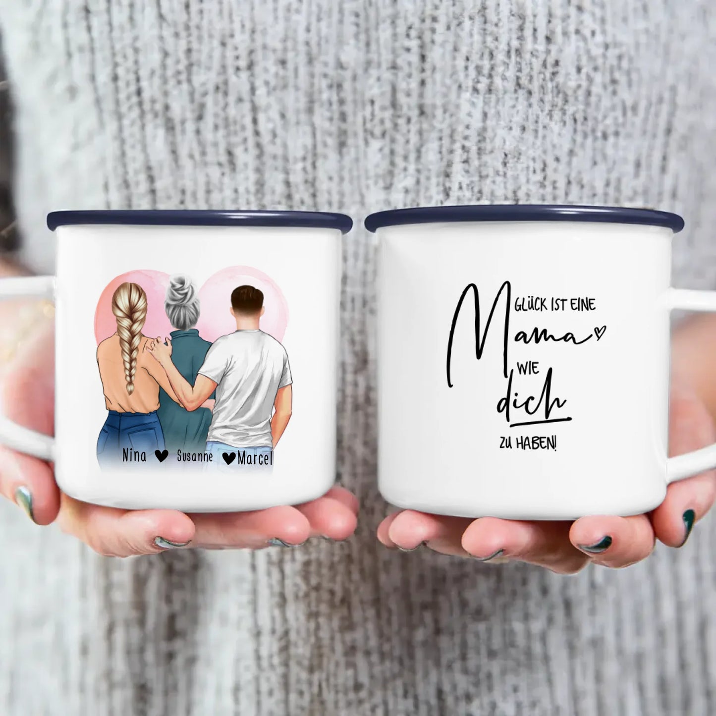 Personalisierte Tasse - Mutter/Mama + 1 Tochter + 1 Sohn (stehend)